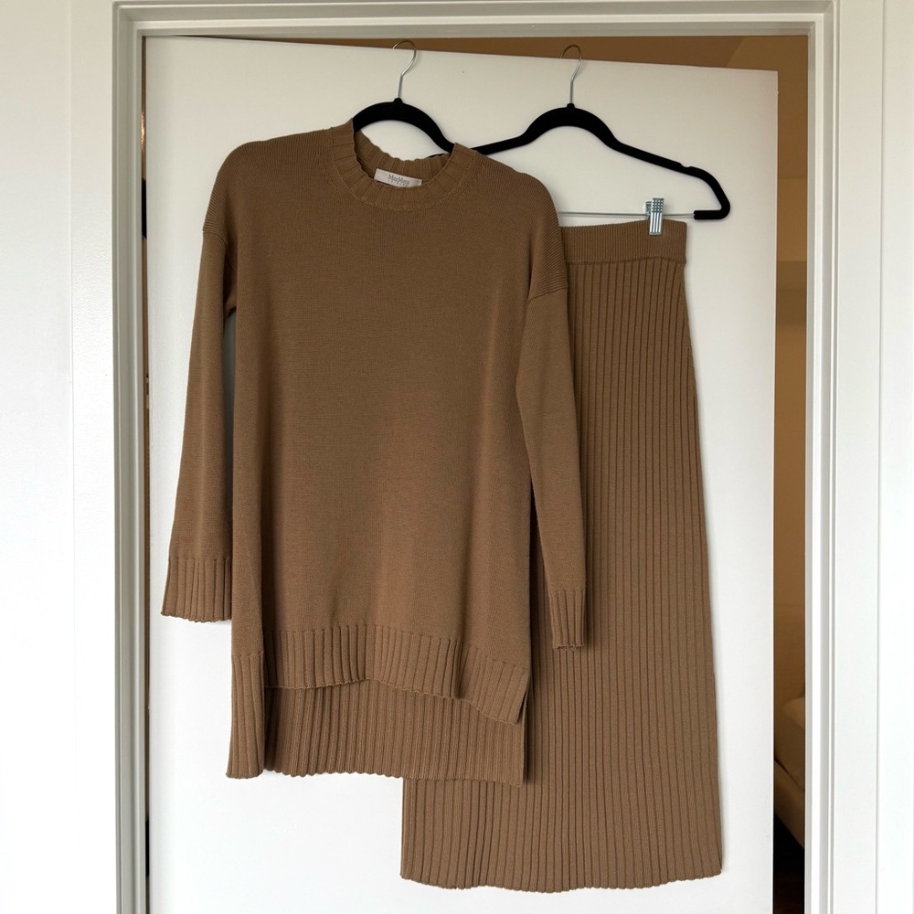 Elegant Camel Knit Sweater and Skirt